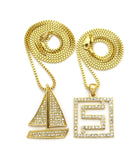 Stone Stud Sailboat & Stone Stud Maze Pendant Set w/ Box Chain Necklaces, Gold-Tone