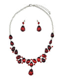 Hanging Teardrop Red Stone Necklace and Dangling Earrings Set in Silver-Tone