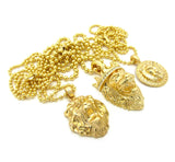 Narrow Lion Medal, 3D Lion Head & Stone Stud Crown King Lion Pendant Ball Chain Necklace Set in Gold-Tone