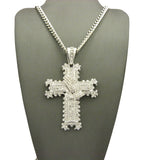 Stone Stud Praying Hands on Heraldic Cross Pendant w/6mm 36" Cuban Chain Necklace, Silver-Tone