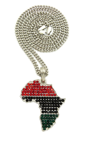 Colored Stone Pan Africa Continent Pendant with 3mm 24" Cuban Chain Necklace