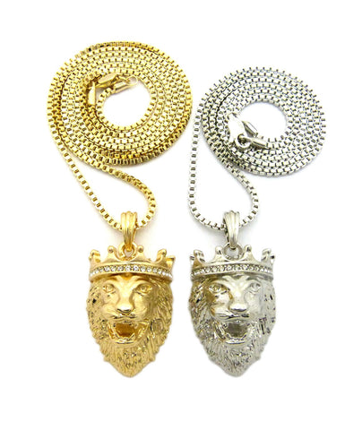 Dual Tone Stone Stud Crown Lion Pendant Set w/ 2mm 24" & 30" Box Chain Necklace