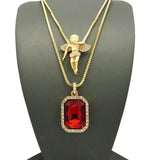 Micro Faux Ruby & Pave Floating Angel Pendant 2mm 24" 30" Box Chain Necklace Set - Gold-Tone