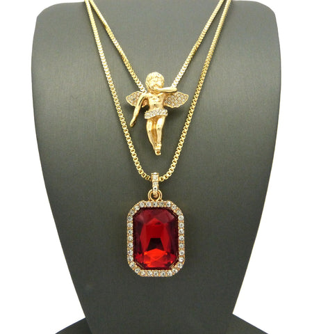 Micro Faux Ruby & Pave Floating Angel Pendant 2mm 24" 30" Box Chain Necklace Set - Gold-Tone