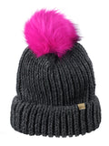 D&Y Bright Colored Chunky Knit Cuffed Style Beanie with Faux Fur Pom Finish Skull Cap