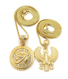Polished Horus Falcon & Eye of Horus Stone Stud Medal Pendant Set 2mm Box Chain Necklaces in Gold-Tone