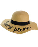 C.C Women's Paper Weaved Beach Time Embroidered Quote Floppy Brim Sun Hat