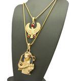 Round Red Gemstone Horus Bird & Horus Holding Crook & Flail Pendant Set w/ Box Chains in Gold-Tone