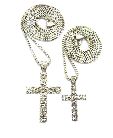 Stone Stud Single Row Cross Pendant Set w/Box Chain Necklaces