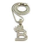 Unisex Stone Stud Tilted Crown Letter Initial Micro Pendant 2mm Box Chain Necklace, 20", B