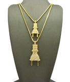 Dual Stone Stud Power Plug Pendant Set w/ Gold-Tone Box Chain Necklaces - 2049G