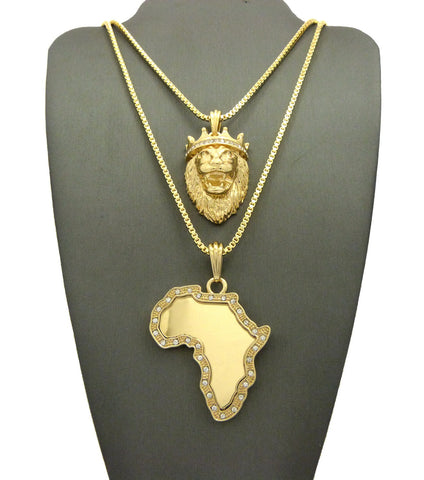 Africa Mirror Pendant Set w/ 2mm 24" & 30" Box Chain Necklace in Gold-Tone
