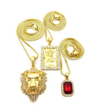 Ruby Red Gemstone, Statue of Liberty & Noble Lion Head Pendant Set w/ Box Chains in Gold-Tone