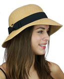 C.C Women's Paper Woven Cloche Bucket Hat with Black Bow Band