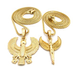 Winged Egyptian Goddess & Horus Falcon Pendant Set 2mm 24" & 30" Box Chain Necklace in Gold-Tone