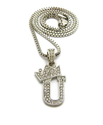 Unisex Stone Stud Tilted Crown Letter Initial Micro Pendant 2mm Box Chain Necklace, 20", U