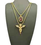 Stone Stud Extended Wing Praying Angel & Colored Gemstone Set w/ 24" & 30" Gold-Tone Box Chains