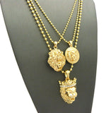 Narrow Lion Medal, 3D Lion Head & Stone Stud Crown King Lion Pendant Ball Chain Necklace Set in Gold-Tone