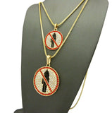 Red Stone Border Rapper Music Video Monster Logo Pendant Set w/ 2mm Box Chain Necklaces in Gold-Tone