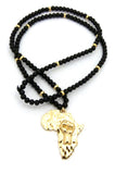 Power Fist on Africa Pendant w/6mm 30" Black Wood Bead Color Disc Necklace, Gold-Tone