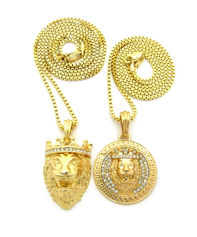 Stone Stud King Lion Medal & King Lion Pendant Set w/ 2mm 24" & 30" Box Chain Necklaces in Gold-Tone