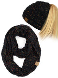 C.C Colorful Confetti BeanieTail Messy High Bun Cable Knit Beanie and Infinity Loop Scarf Set