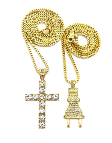 Stone Stud Male Power Plug & Single Row Cross Pendant Set w/Box Chain Necklaces, Gold-Tone