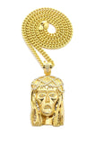 Stone Stud Woven Crown of Thorns Jesus Head Pendant w/6mm 30" Cuban Chain Necklace, Gold-Tone