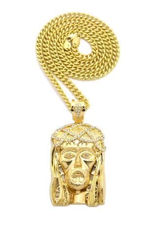 Stone Stud Woven Crown of Thorns Jesus Head Pendant w/6mm 30" Cuban Chain Necklace, Gold-Tone