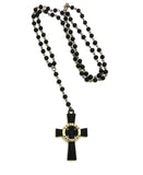 Colored Veritas Aequitas Cross Pendant with 6mm 30" Black Stone Rosary Necklace