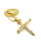 Studded Allover 3 Cross Nail Pendant w/ 2mm 24" Box Chain Necklace in Gold-Tone