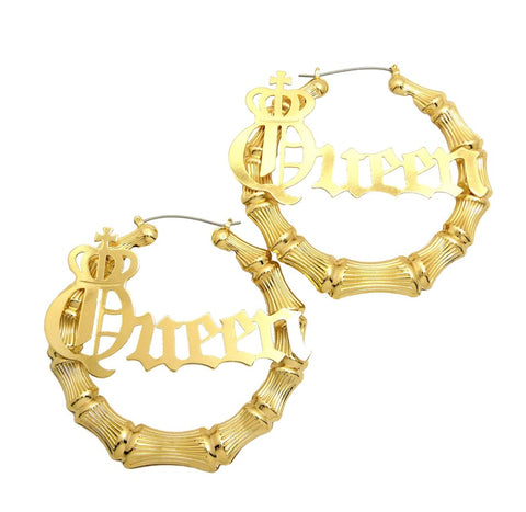Queen Charm Bamboo Door Knocker Hoop Pincatch Earrings