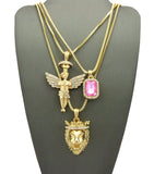 Pink Stone, Halo Angel & King Lion Pendant Set w/ Multi Length Box Chains in Gold-Tone