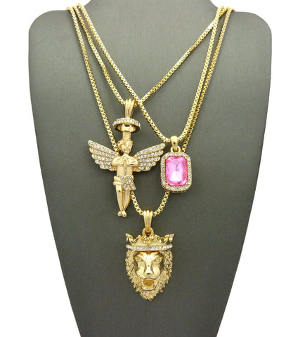 Pink Stone, Halo Angel & King Lion Pendant Set w/ Multi Length Box Chains in Gold-Tone
