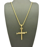 Simple Studded Reversible 3 Cross Nail Pendant w/ 2mm 24" Rope Chain Necklace in Gold-Tone