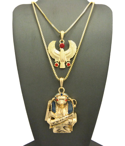 Round Red Gemstone Horus Bird & Horus Holding Crook & Flail Pendant Set w/ Box Chains in Gold-Tone