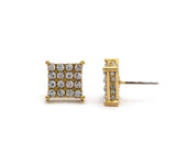 4 Stone Row Concave Square Shape Stud Pierced Earrings, Gold-Tone