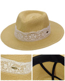 C.C Women's Paper Woven Panama Sun Beach Hat with Lace Trim, Natural