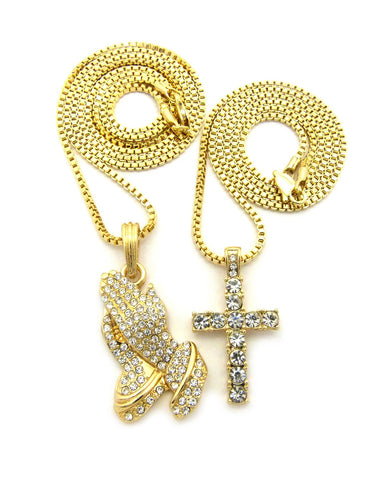 Stone Stud Single Row Cross & Stone Stud Praying Hands Pendant Set w/ 2mm Box Chains in Gold-Tone