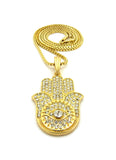 Stone Stud Filled Hamsa Palm Evil Eye Pendant with Chain Necklace