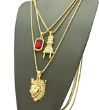 Ruby Red Stone, Power Plug & King Lion Pendant Set w/ Box Chain Necklaces in Gold-Tone