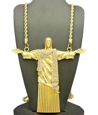 Stone Stud Christ the Redeemeer Figure w/ 5mm 36" Rope Chain Necklace in Gold-Tone