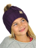 C.C Kids' Children's Cable Knit Faux Fuzzy Fur Pom Fleece Lined Cuff Beanie