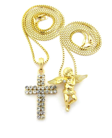 Cherub Angel & 2 Row Stone Cross Pendant Set w/ 24" & 30" Box Chain Necklaces in Gold-Tone