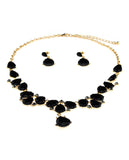 Hanging Teardrop Black Stone Necklace and Dangling Earrings Set in Gold-Tone