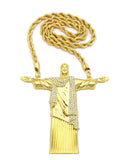 Stone Stud Christ the Redeemer Figure w/ 8mm 30" Rope Chain Necklace in Gold-Tone