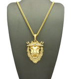 Stone Stud Crown King Lion Head Pendant w/ Chain Necklace