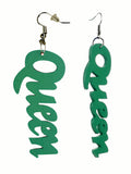 Women's Afrocentric African Text Wood Dangle Pierced Earrings, Queen
