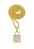 Stone Stud Padlock Pendant w/ 3mm 24" Cuban Chain Necklace