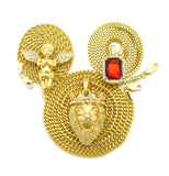 Colored Gemstone, Extended Wing Pray Angel & King Lion Pendant Set w/ Varying Gold-Tone Chain Necklaces